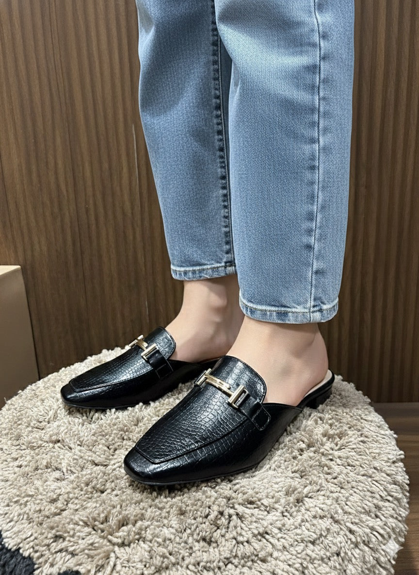 Black Croc-Texture Buckle Mules