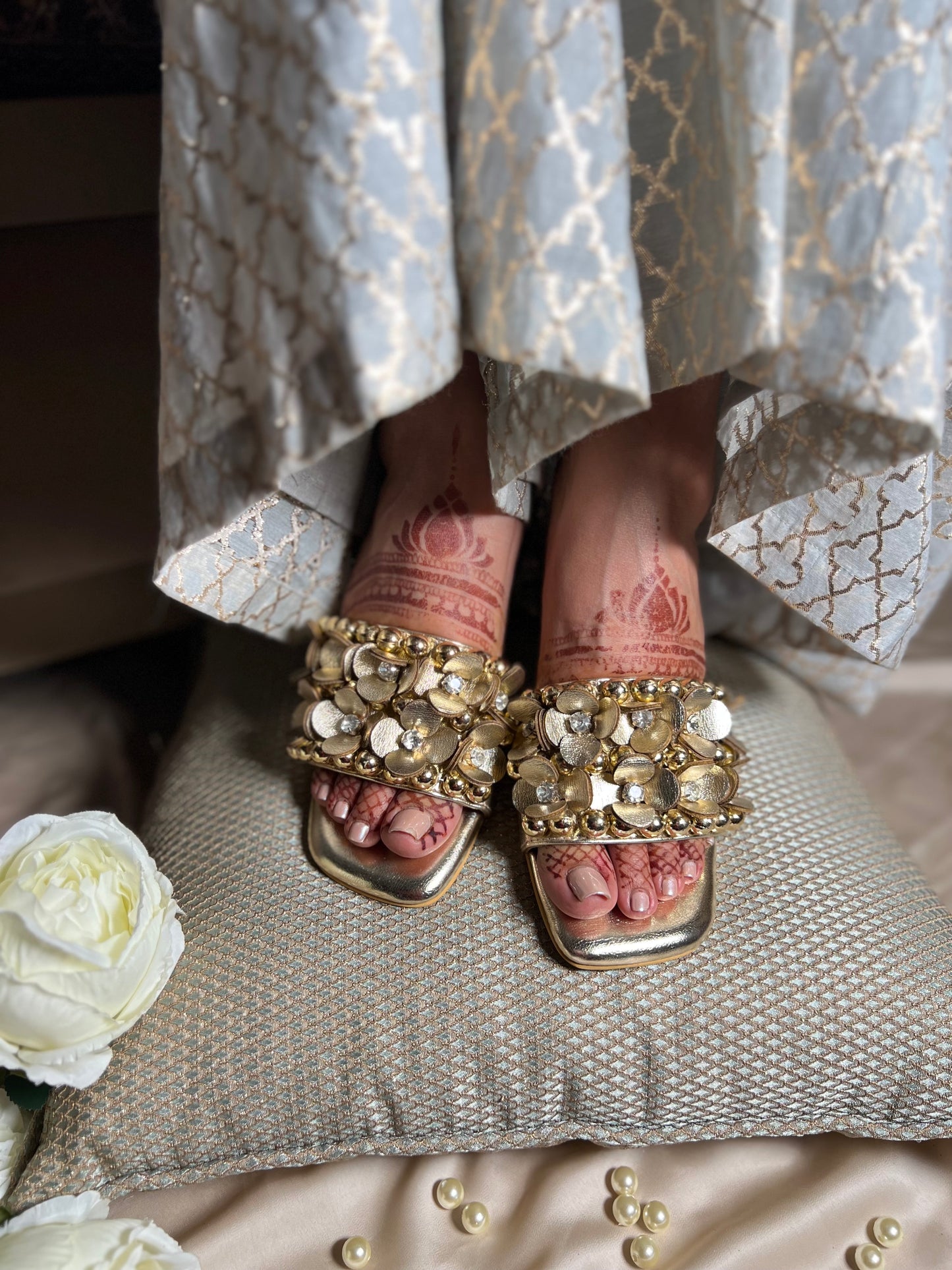 Mettalic Gold Embellished 3D Flower Block Heels | 2 Inches