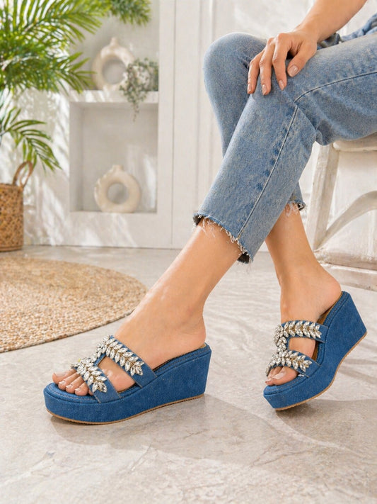Denim Embellished Comfort Wedges