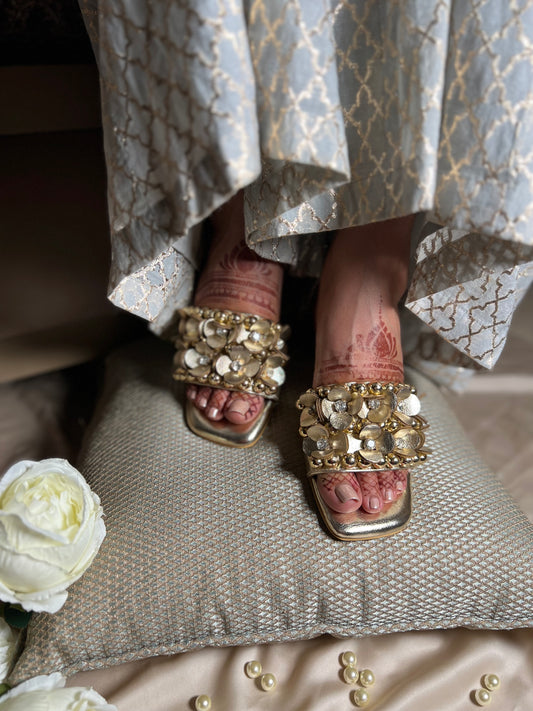 Mettalic Gold Embellished 3D Flower Block Heels