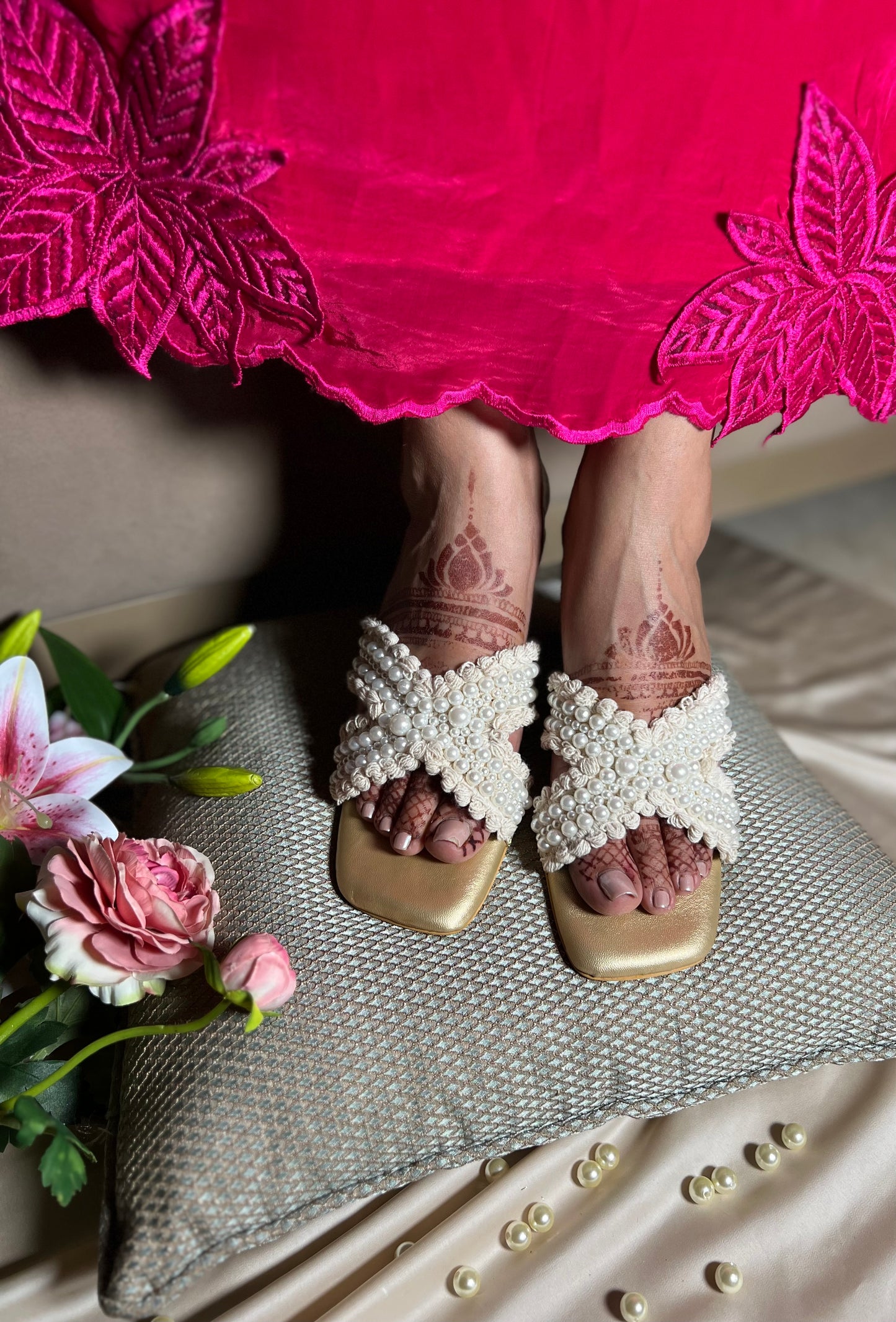 Ivory Pearl Cross Strap Block Heels