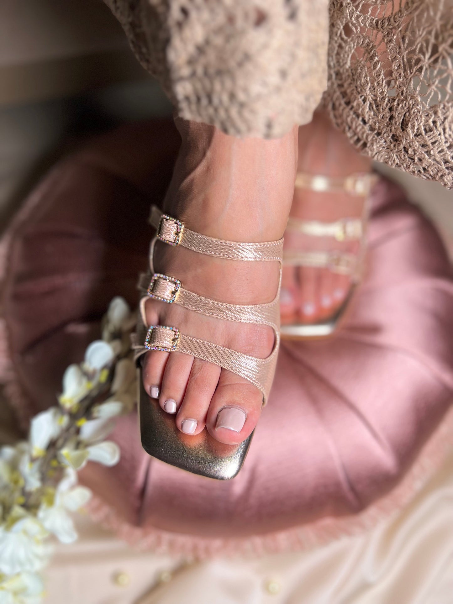 Chic Rose Gold Block Heels Sandal Stories