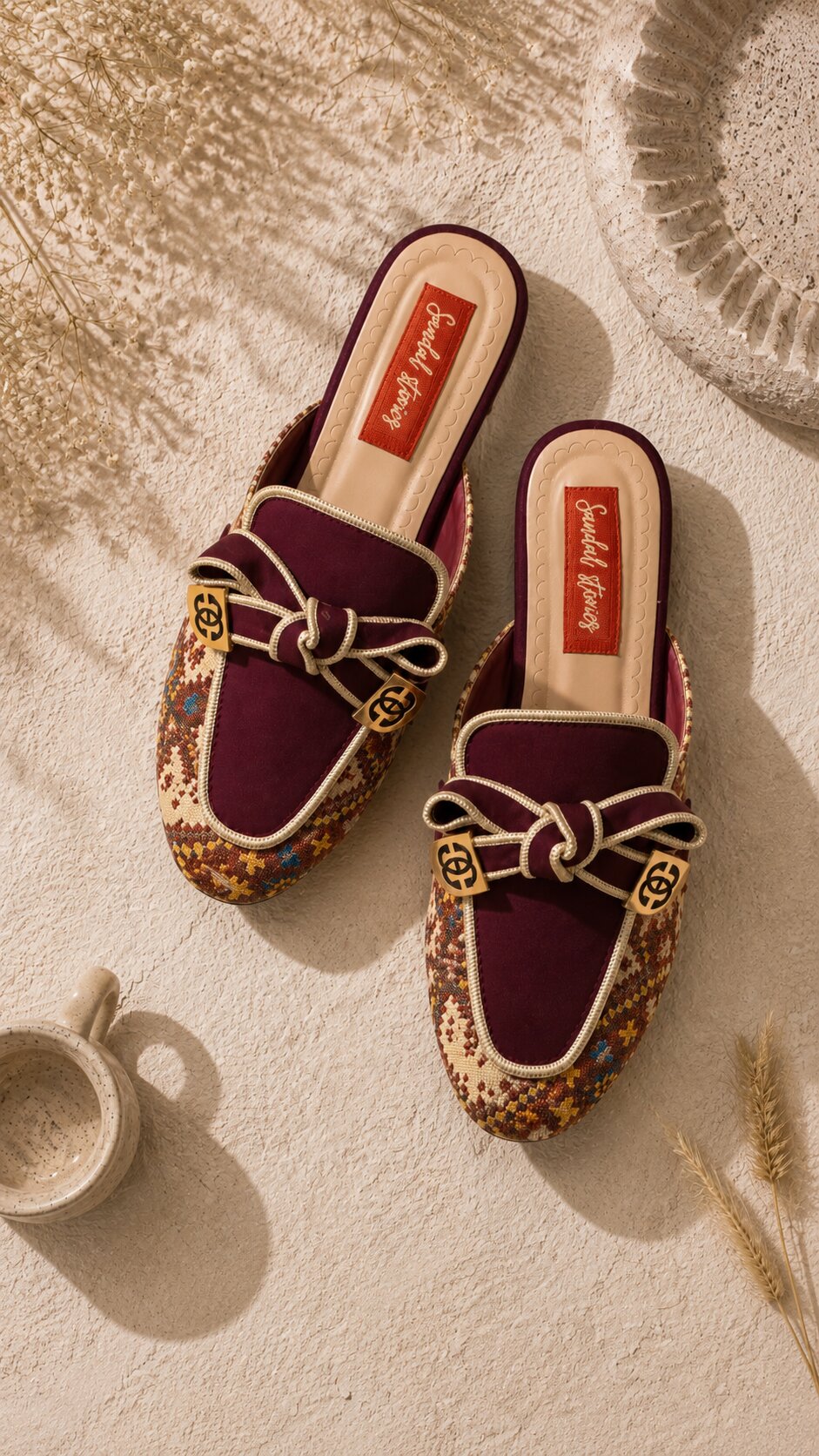 Maroon Patterned Weave Mules