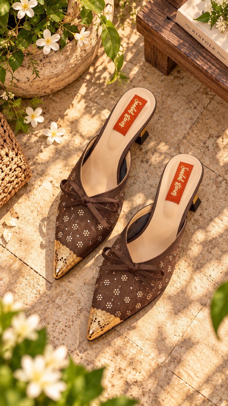 Embellished Mesh Kitten Heels with Statement Gold Accessories - Mocha Brown