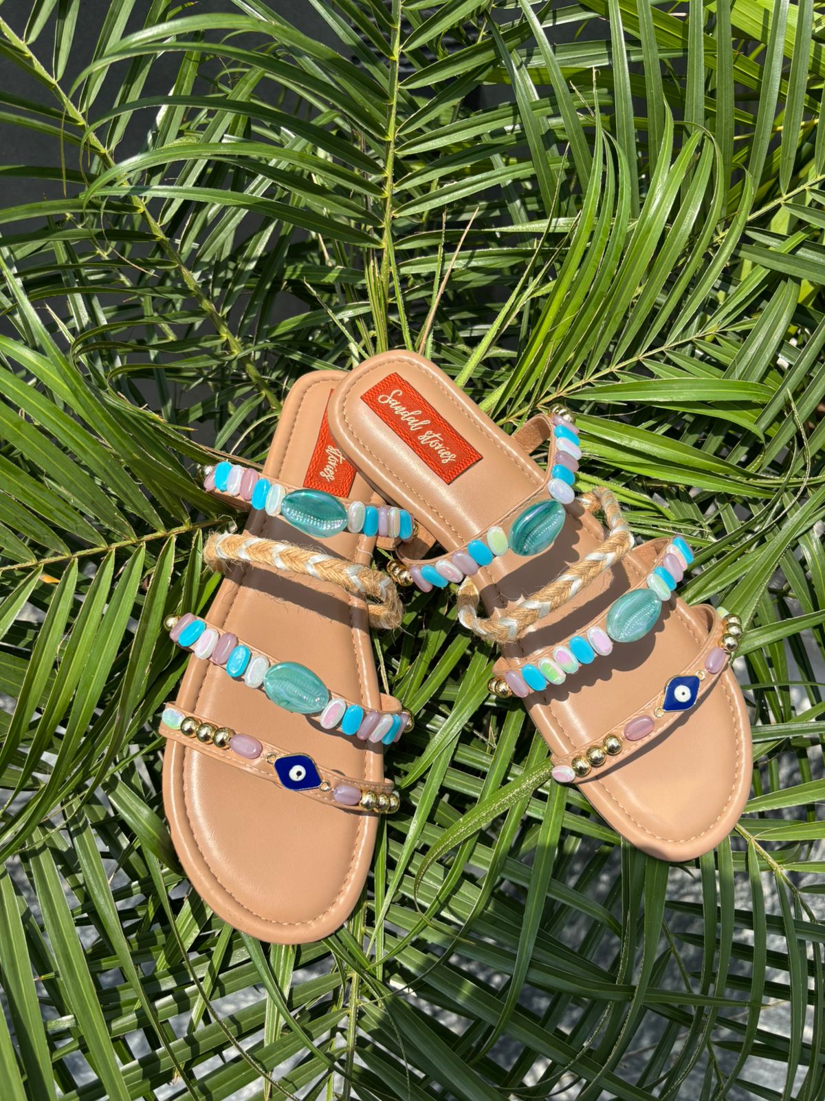 Boho Beaded Multistrap Sandals – Pastel Blue