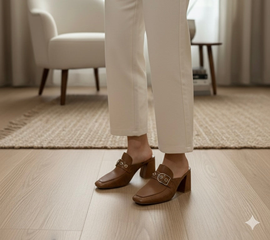 Classic Buckle Block-Heel Mules