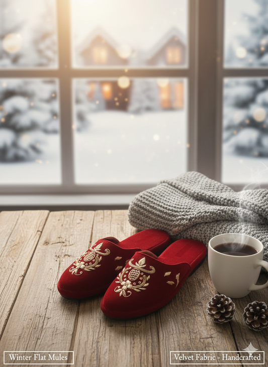 Maroon Velvet Embroidered Winter Mules