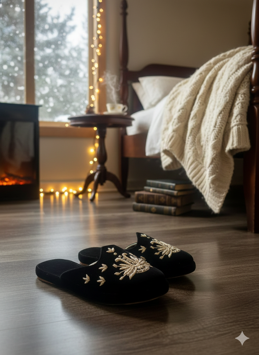 Black Velvet Embroidered Winter Mules