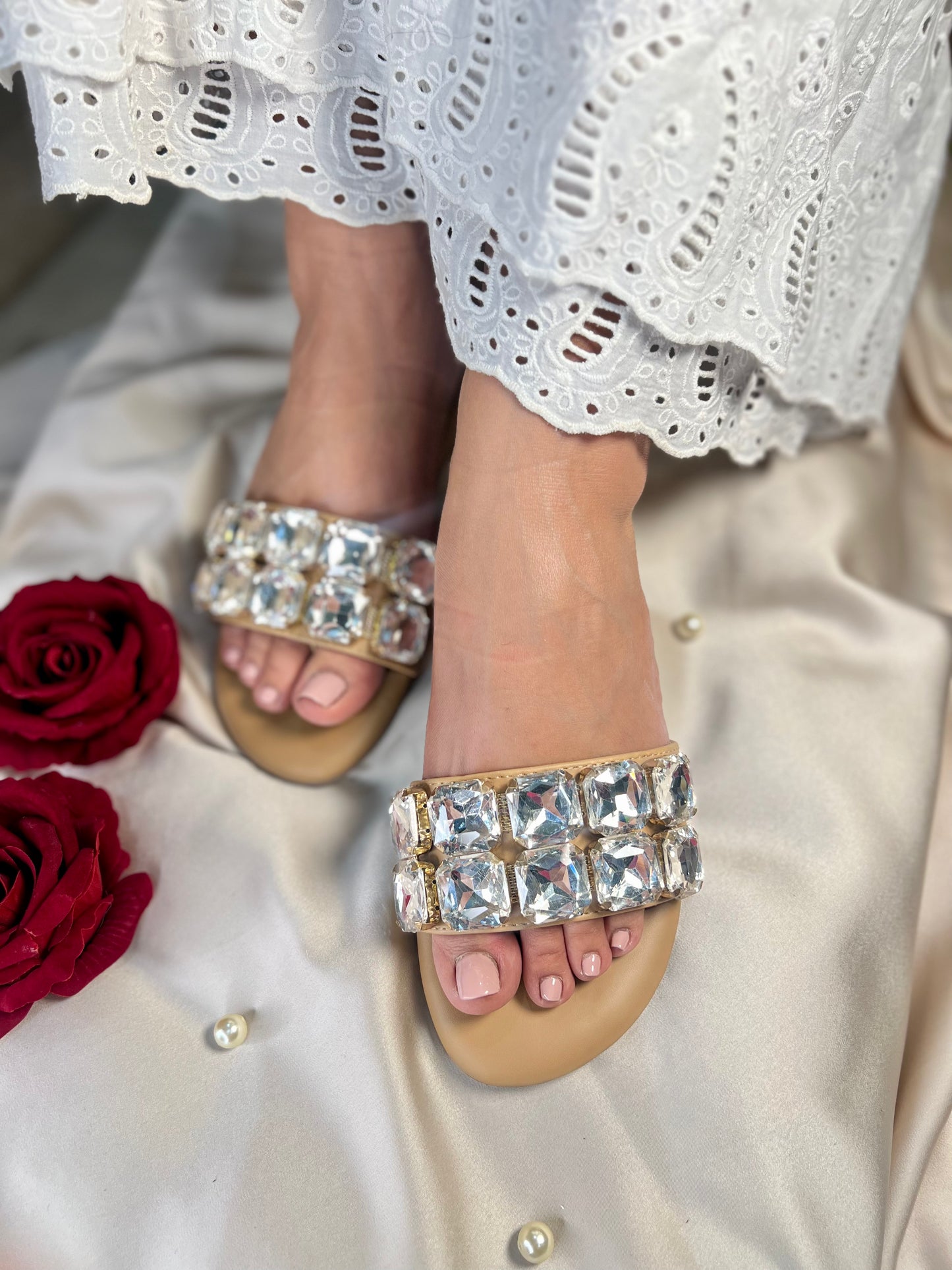 Solitaire Crystal Flats Sandal Stories
