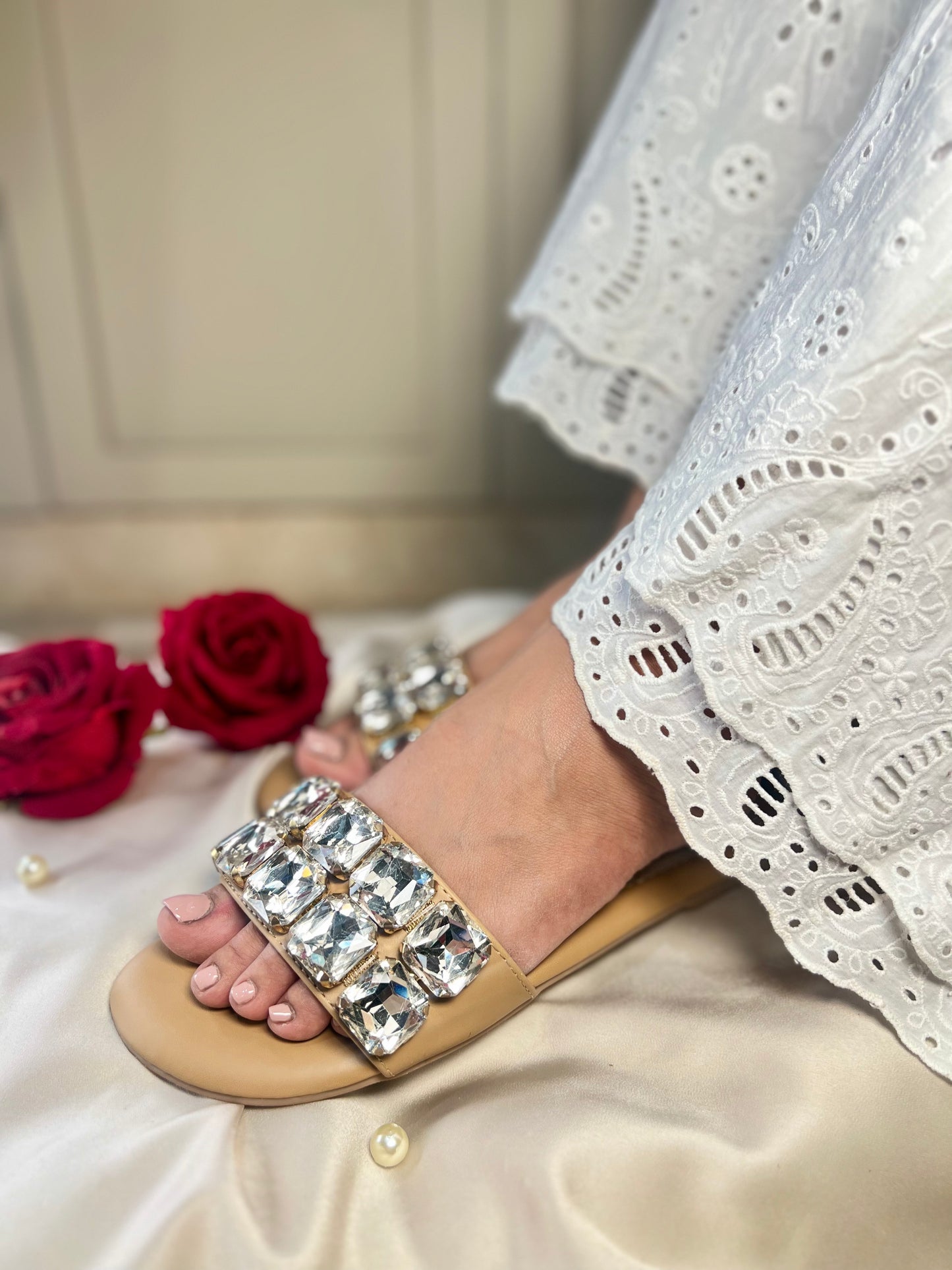 Solitaire Crystal Flats Sandal Stories