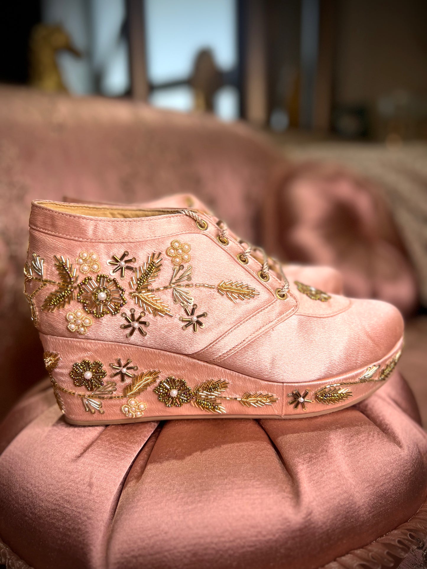 Blush Pink Embroidered Wedge Sneakers