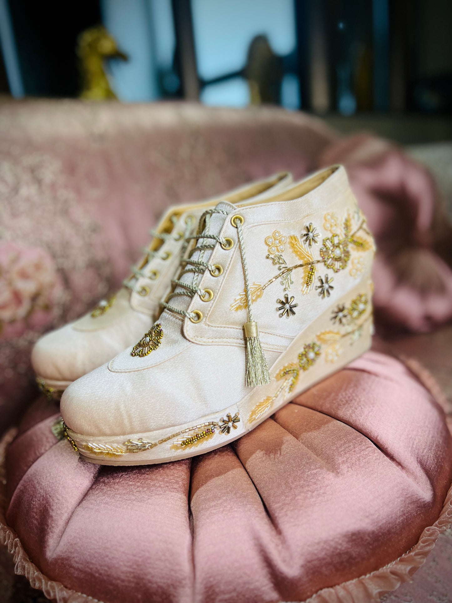 Champagne Gold Embroidered Wedge Sneakers
