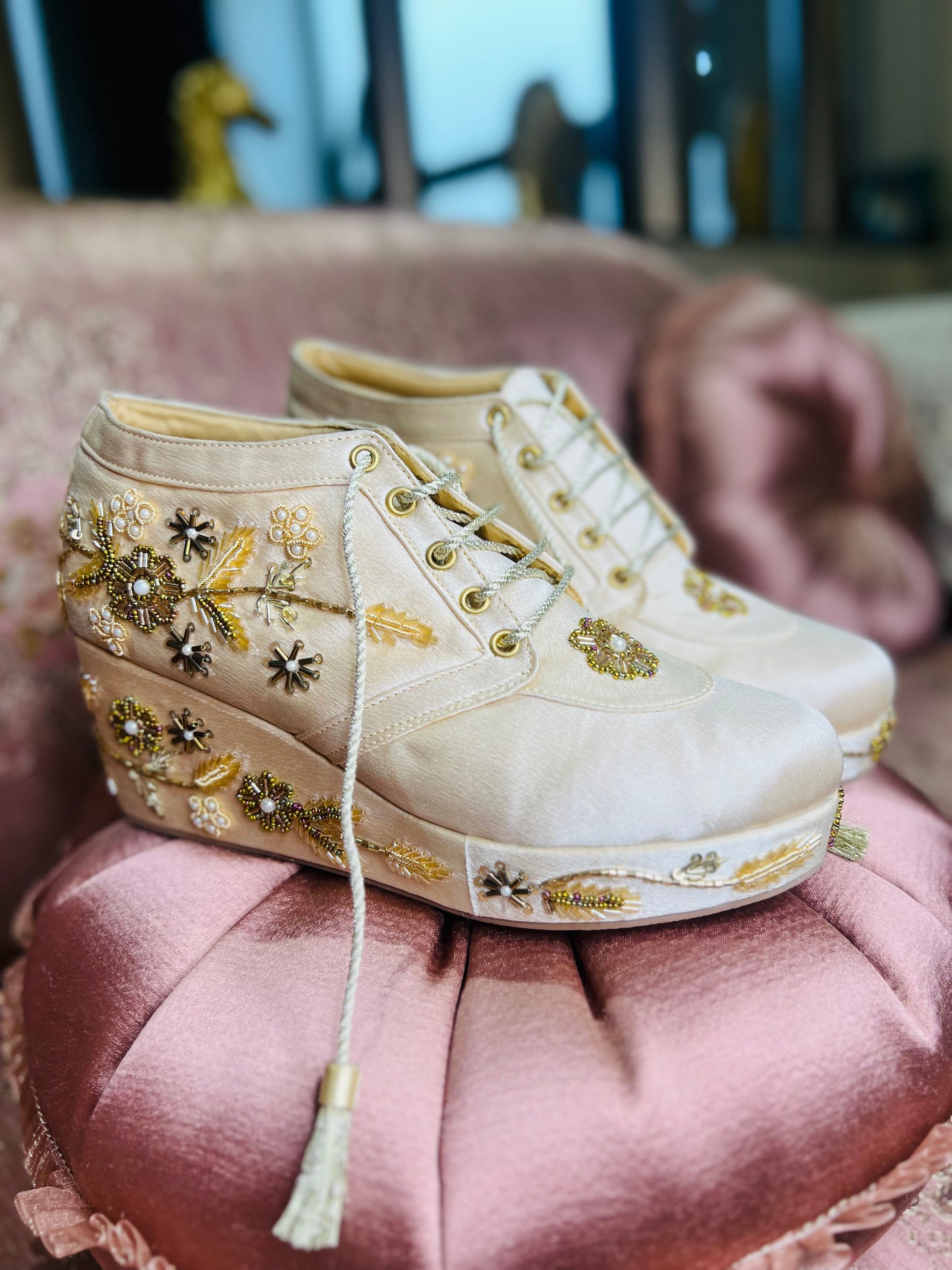 Champagne Gold Embroidered Wedge Sneakers