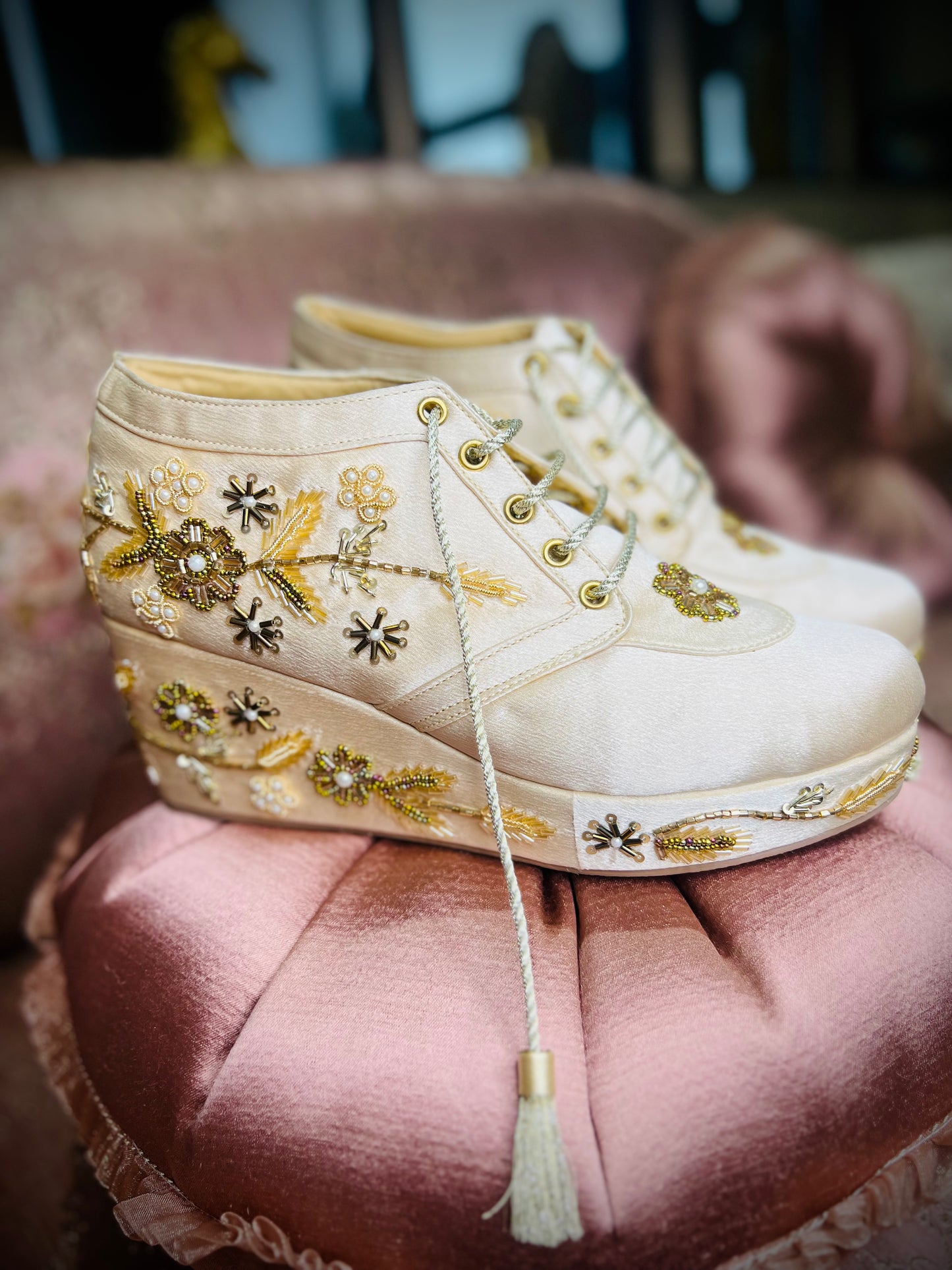 Champagne Gold Embroidered Wedge Sneakers