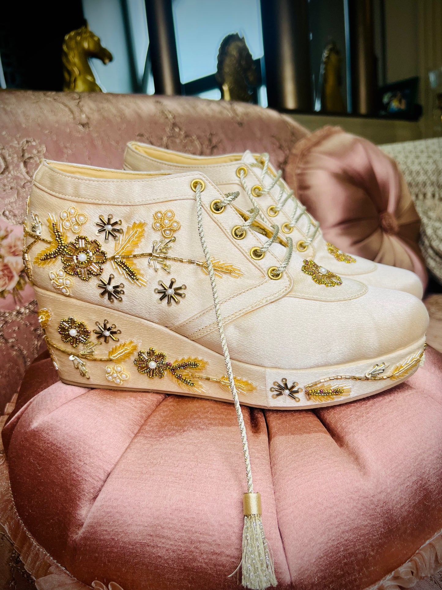 Champagne Gold Embroidered Wedge Sneakers