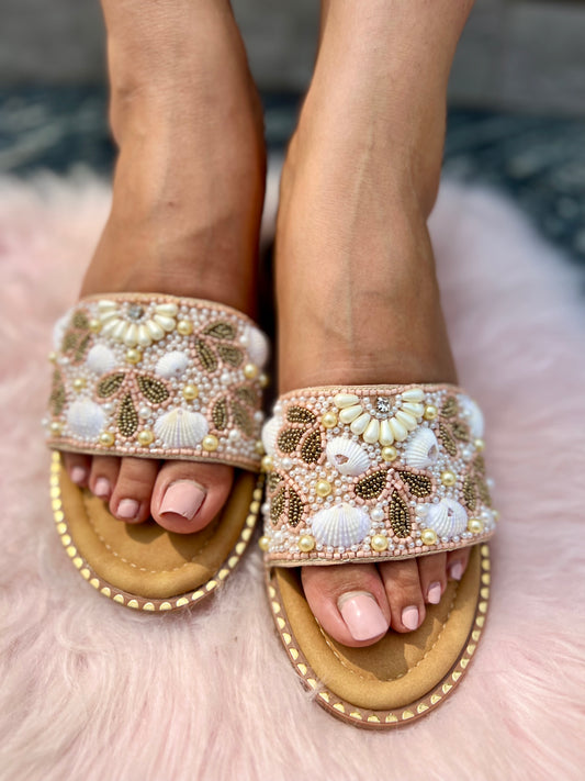 Seashell Serenade – Embellished Sliders Sandal Stories