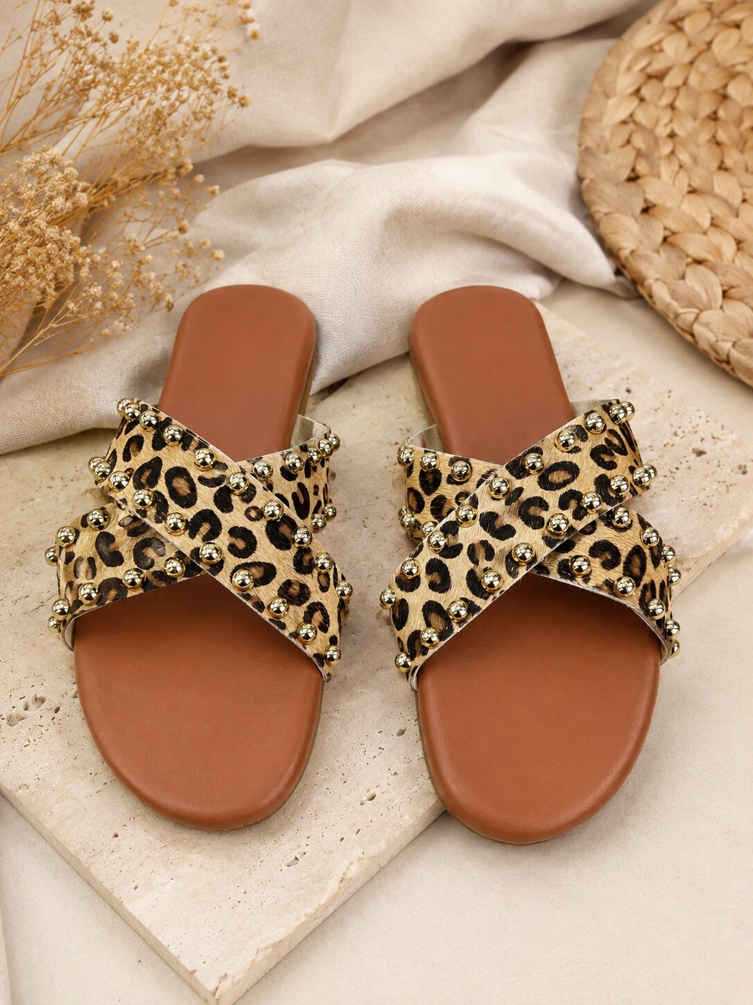 Leopard Cross-Strap Studded Flats