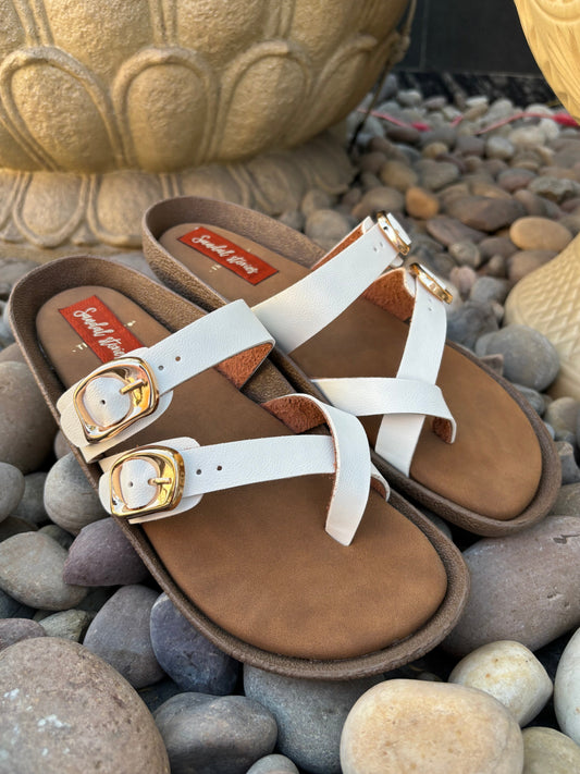 Elegant Stride Buckle Sandals - White Sandal Stories