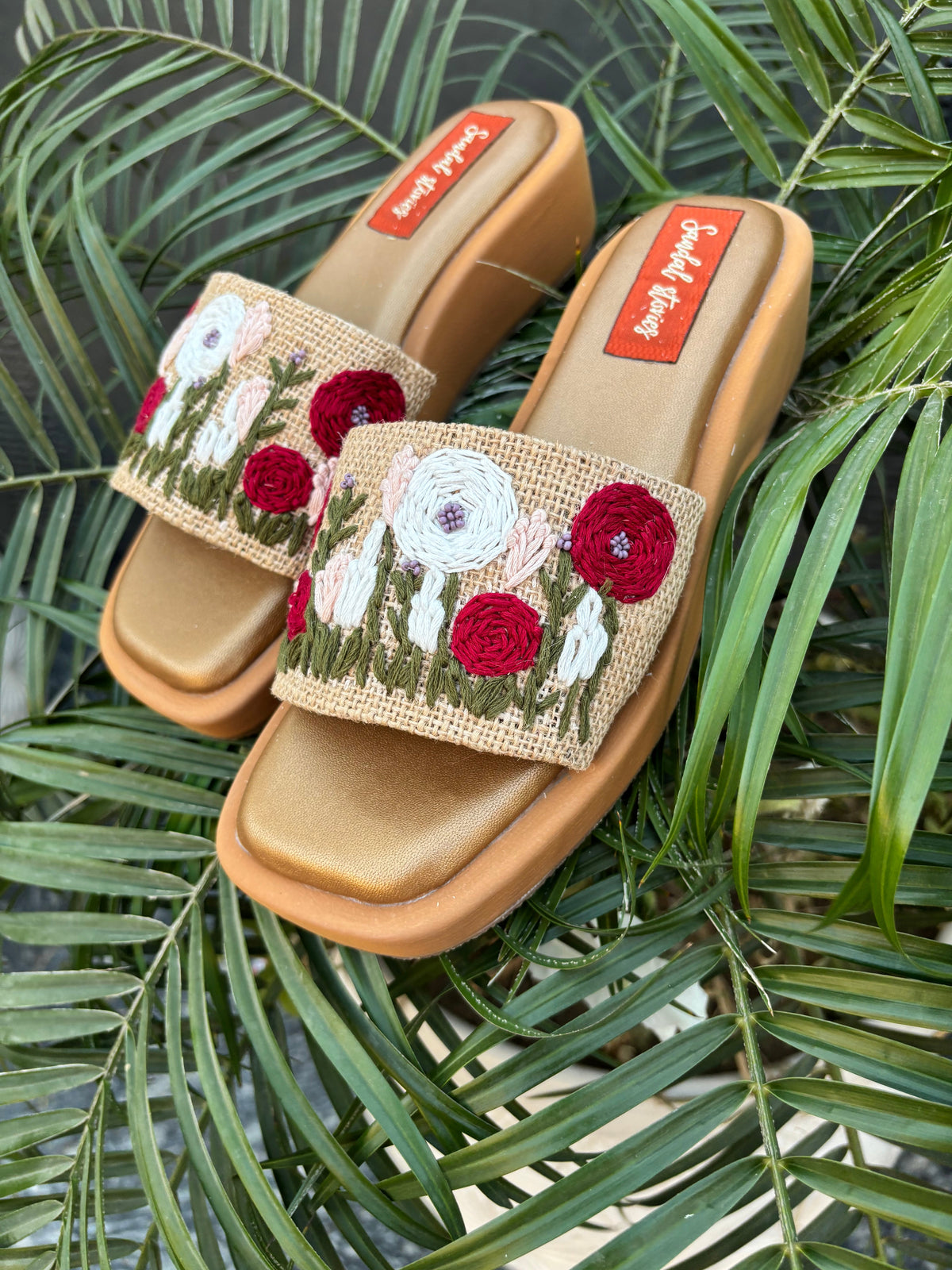 Red & White Embroidered Slide Sandals Sandal Stories