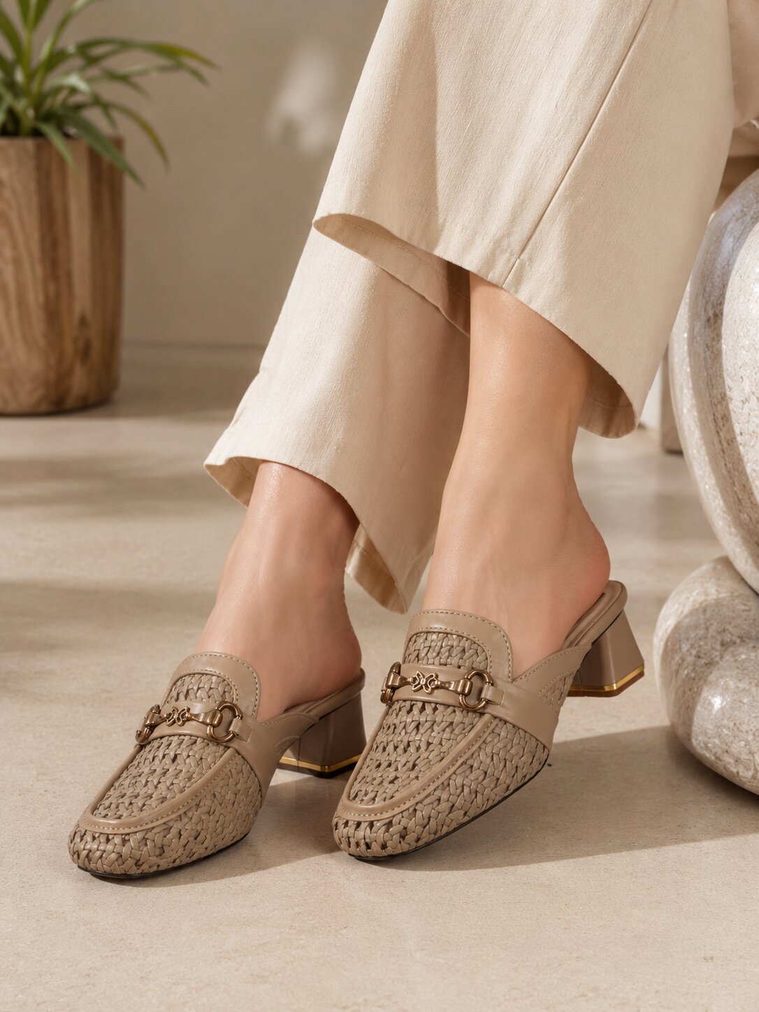 Luxe Woven Taupe Block Heel Mules