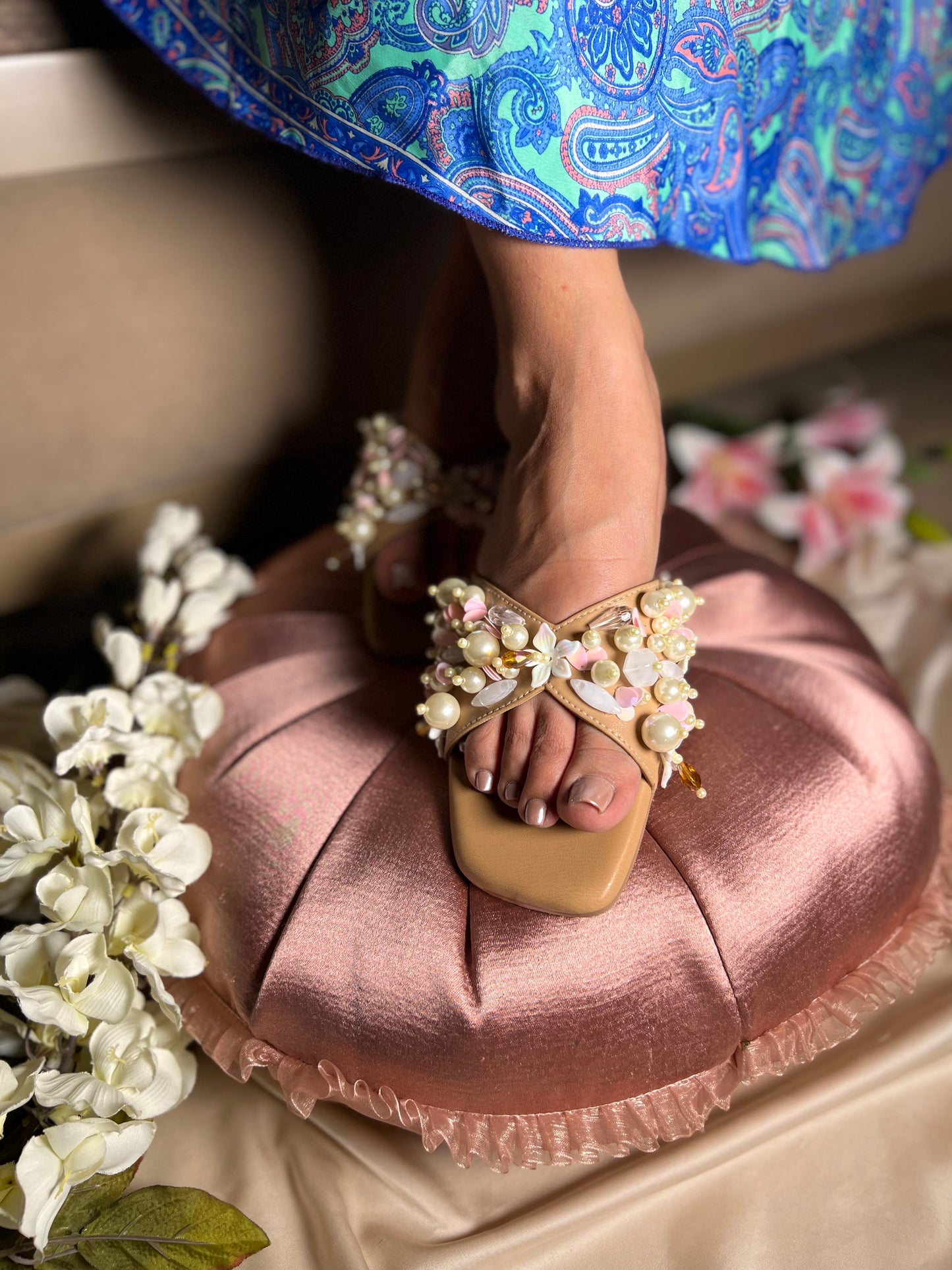 Gulnaz Pearl & Pastel Hand-Embellished Flats