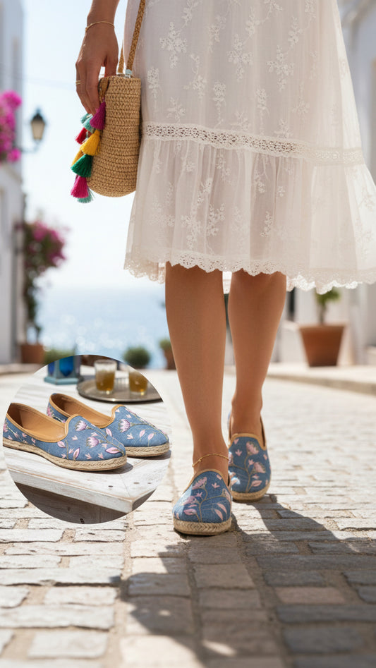 Denim Blossom Hand-Embroidered Espadrilles