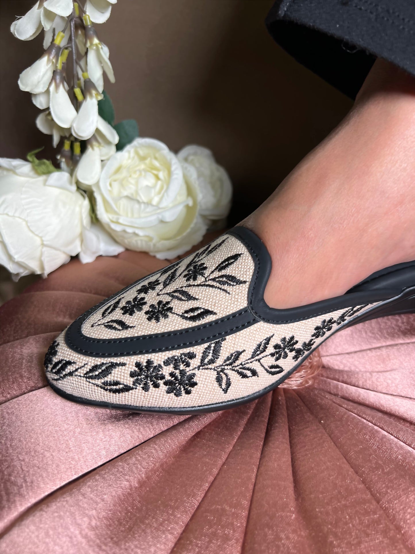 Kashmiri Black Floral 1 Inch Wedges