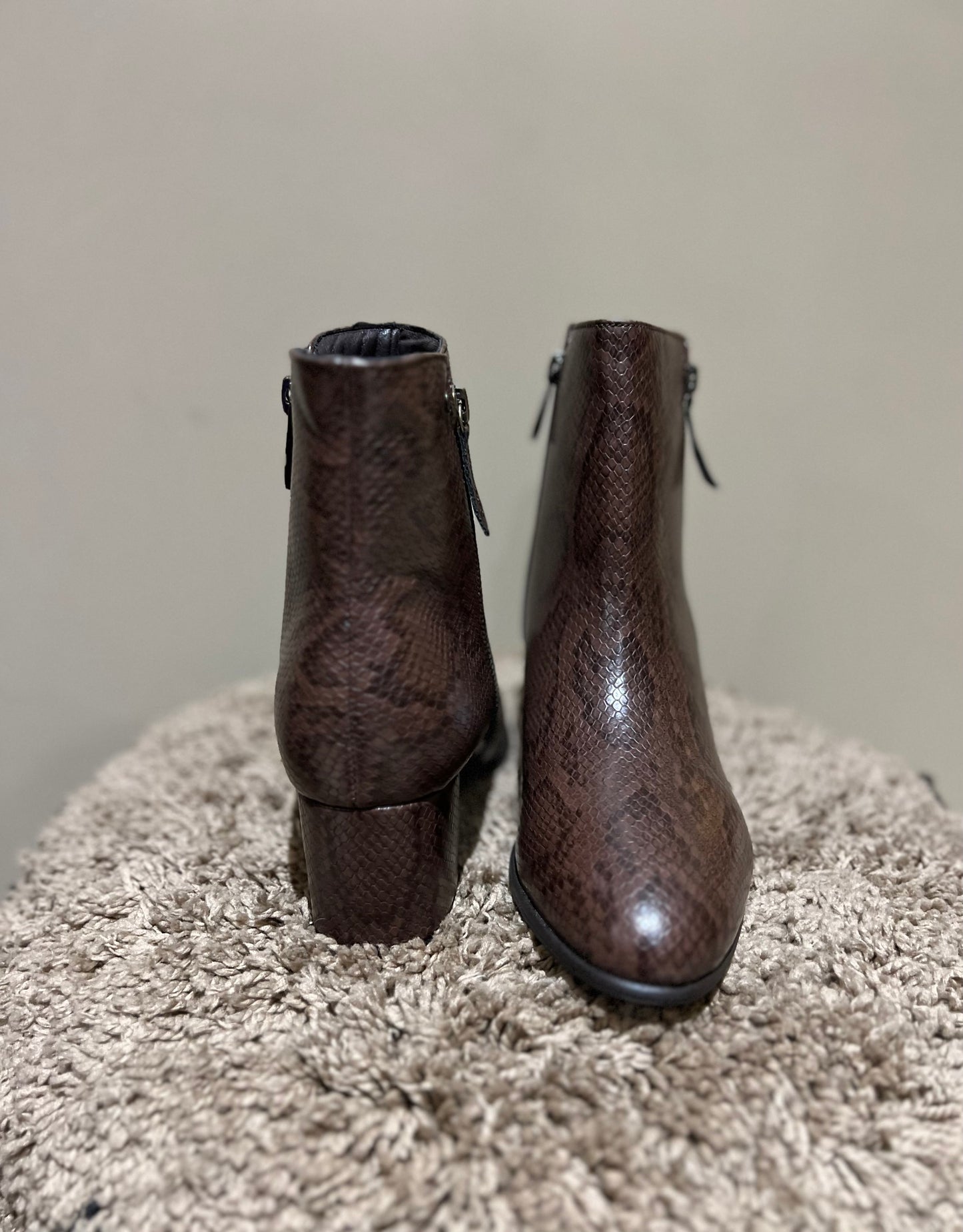 Brown Snake-Effect Ankle Boots