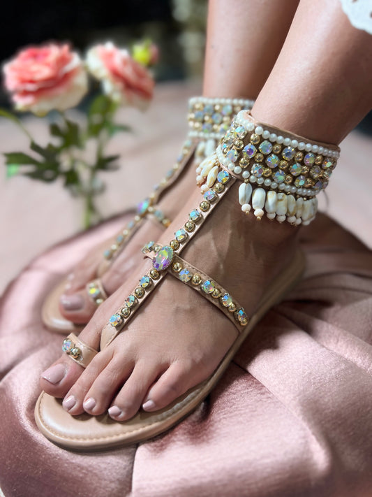Crystal & Shell Embellished Tie-Up Gladiator