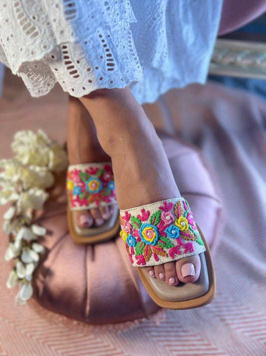 Multicolor Floral Embroidered Slide Sandals