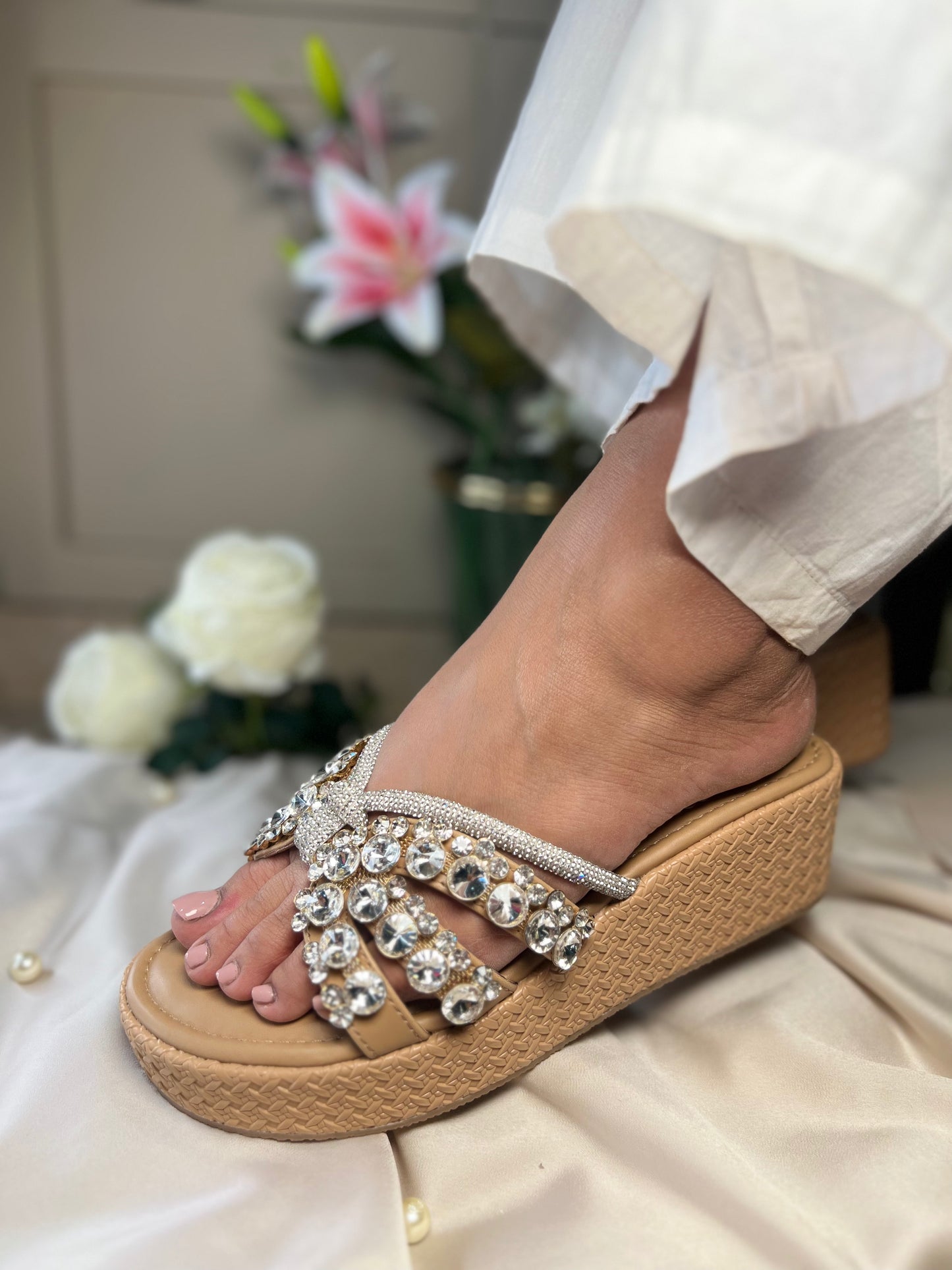 Crystal Bloom Wedge Heels Sandal Stories