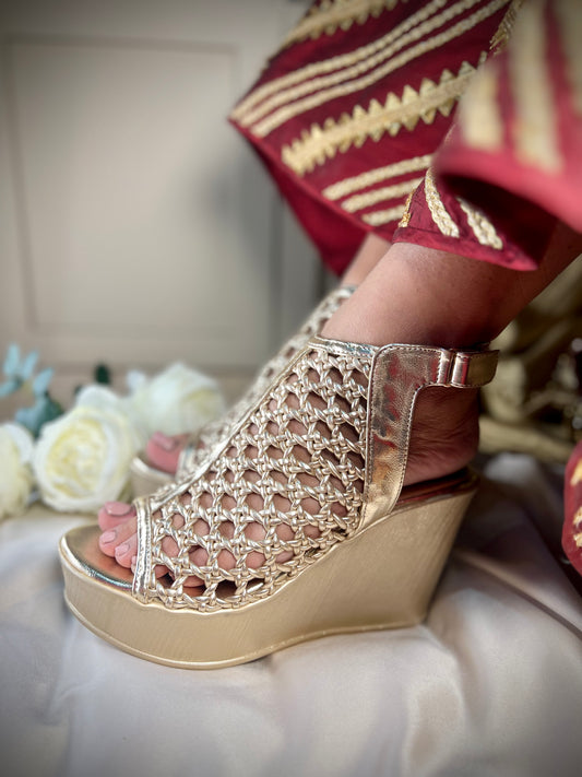 Gold Woven Peep-Toe Wedge Heels Sandal Stories