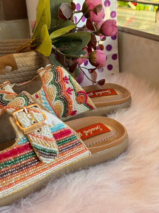 Rainbow Bliss Doctor Sole Embroidered Slider Sandal Stories