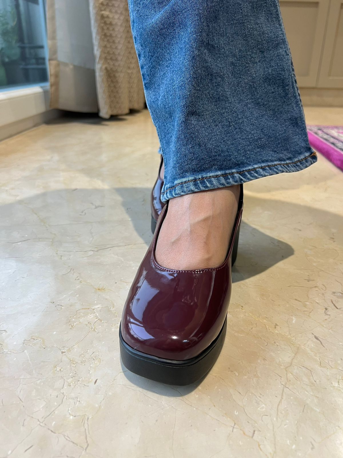 Wine Gloss Slingback Block Heels