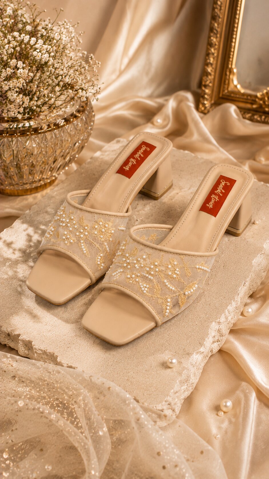 Champagne Pearl Bloom Block Heels