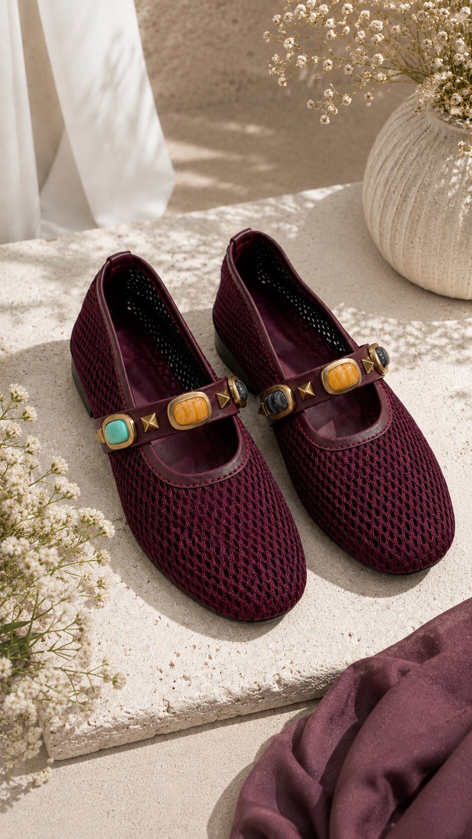 Mesh Gemstone Mary Janes Ballerinas - Vine