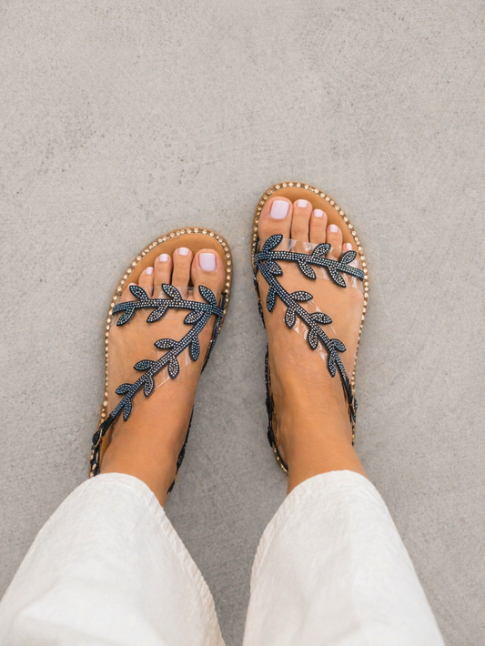 Midnight Bloom Transparent Strap Anklet Flats