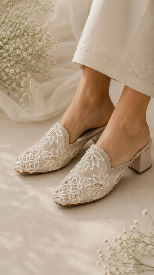 Pearl Mesh Embroidery Block Heels