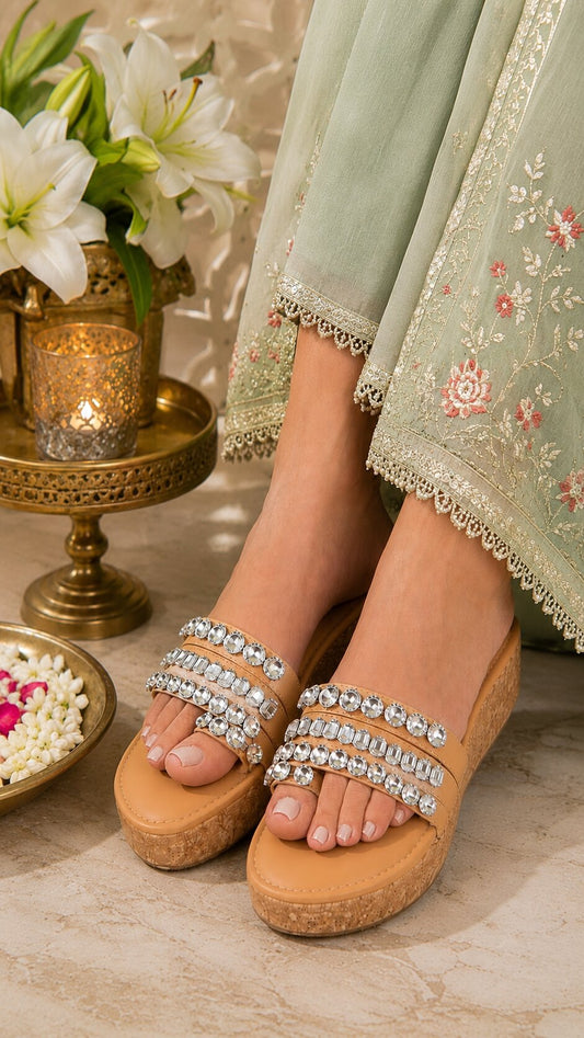 Beige Diamond Embellished Thumb Wedges | 2 Inches