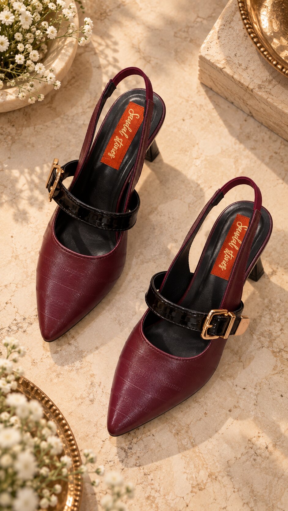Burgundy Luxe Buckle Slingback Heels | 2 Inches