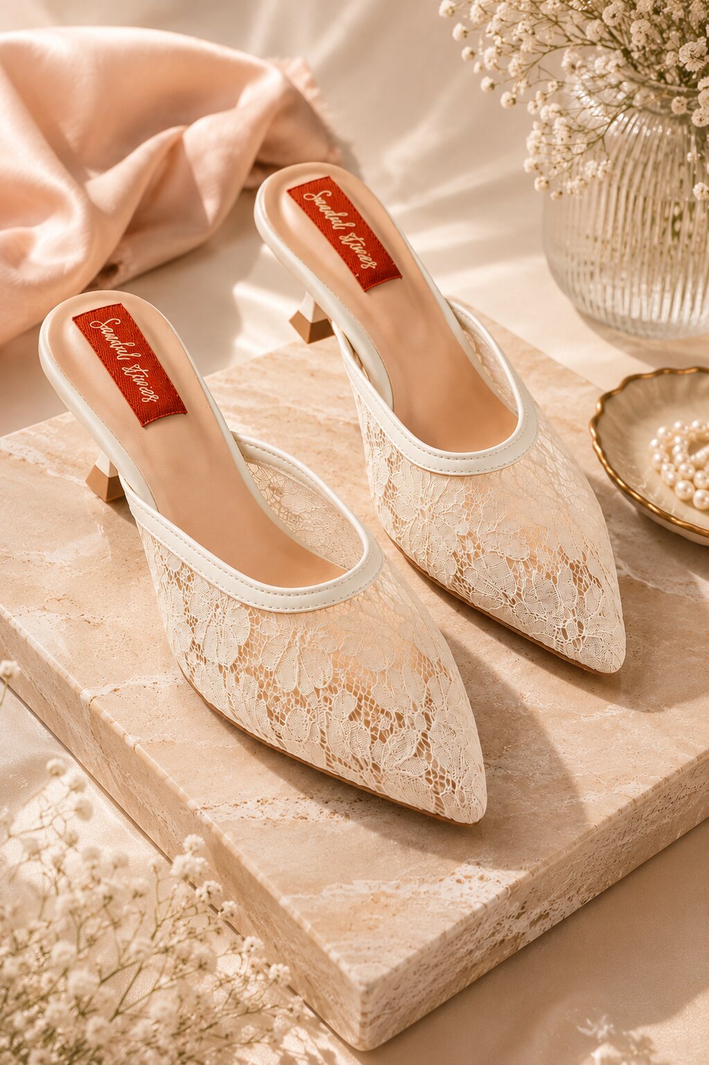 Ivory Lace Pointed-Toe Kitten Heel Mules