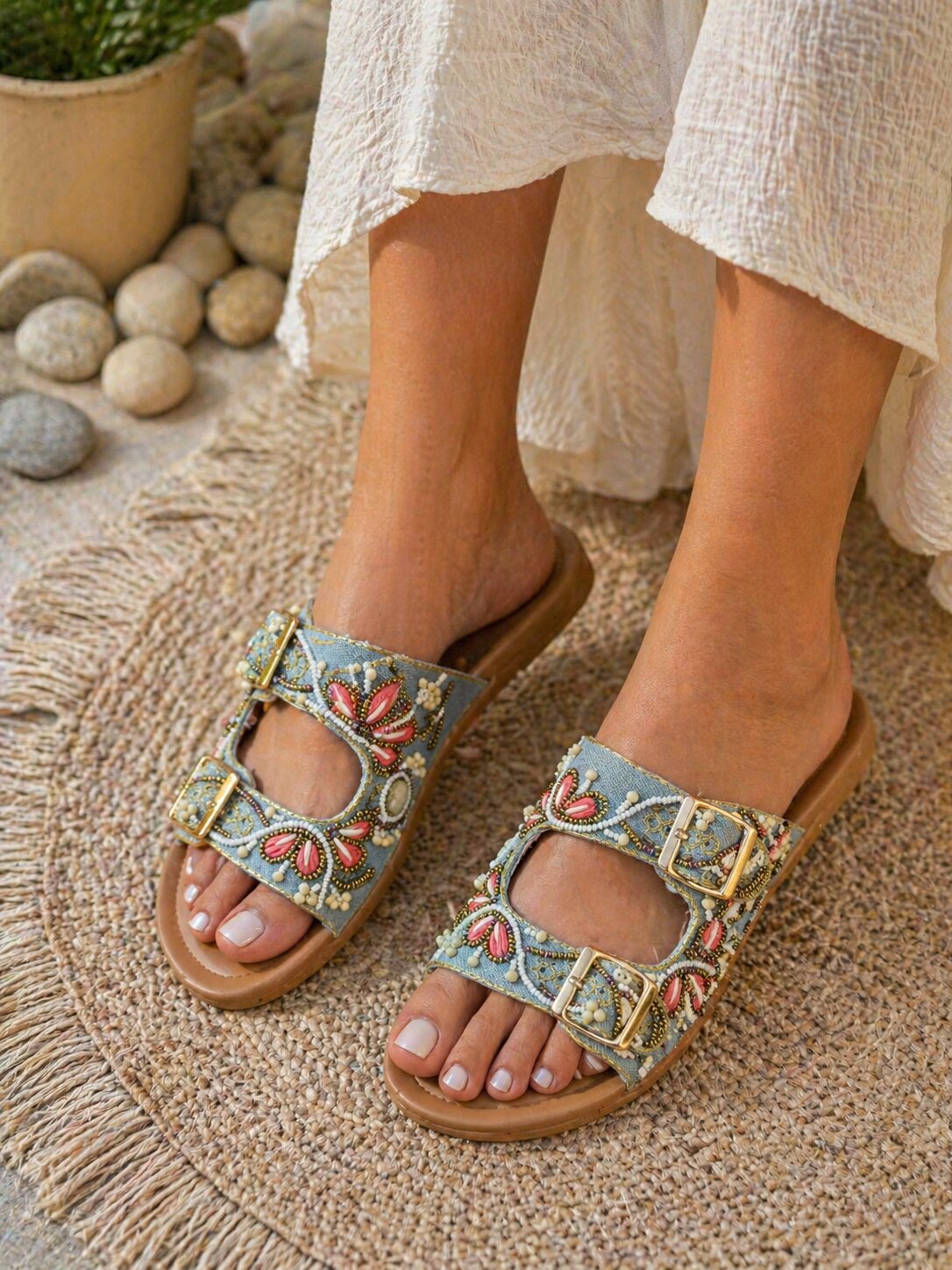 Blush Bloom Denim Sandals with Doctor Sole