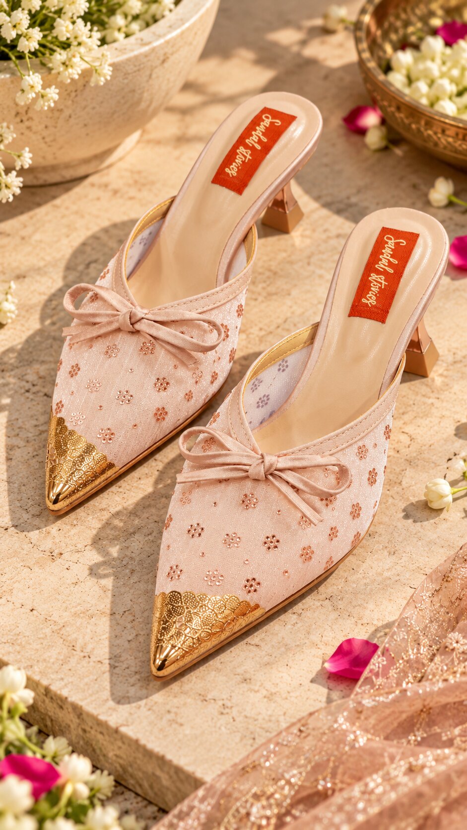 Embellished Mesh Kitten Heels with Statement Gold Accessories - Blush Pink