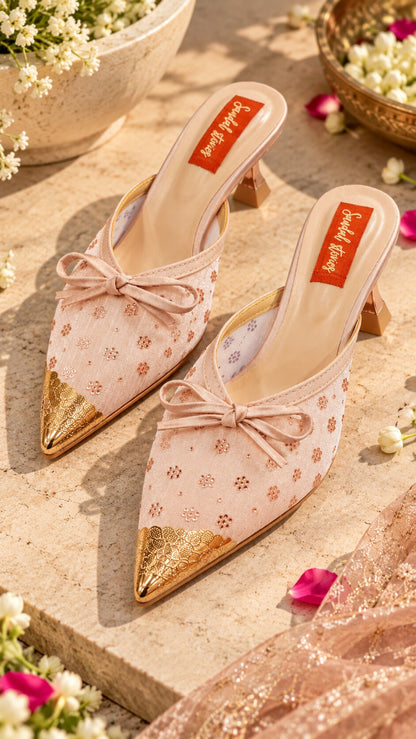 Embellished Mesh Kitten Heels with Statement Gold Accessories - Blush Pink