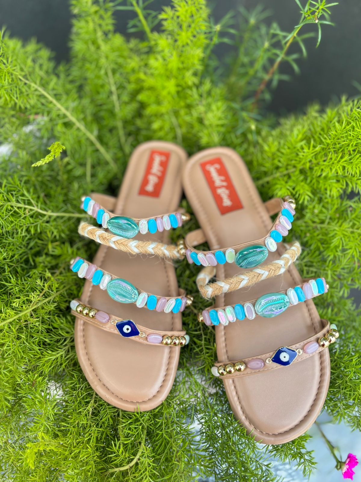 Boho Beaded Multistrap Sandals – Pastel Blue