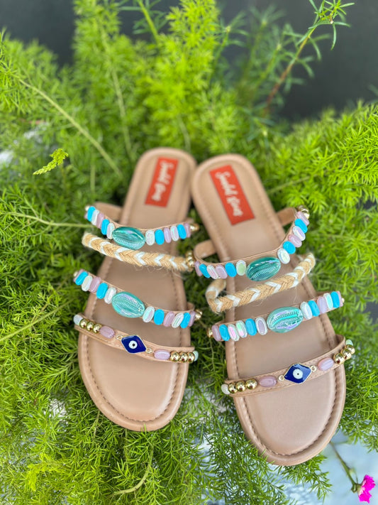Boho Beaded Multistrap Sandals – Pastel Blue