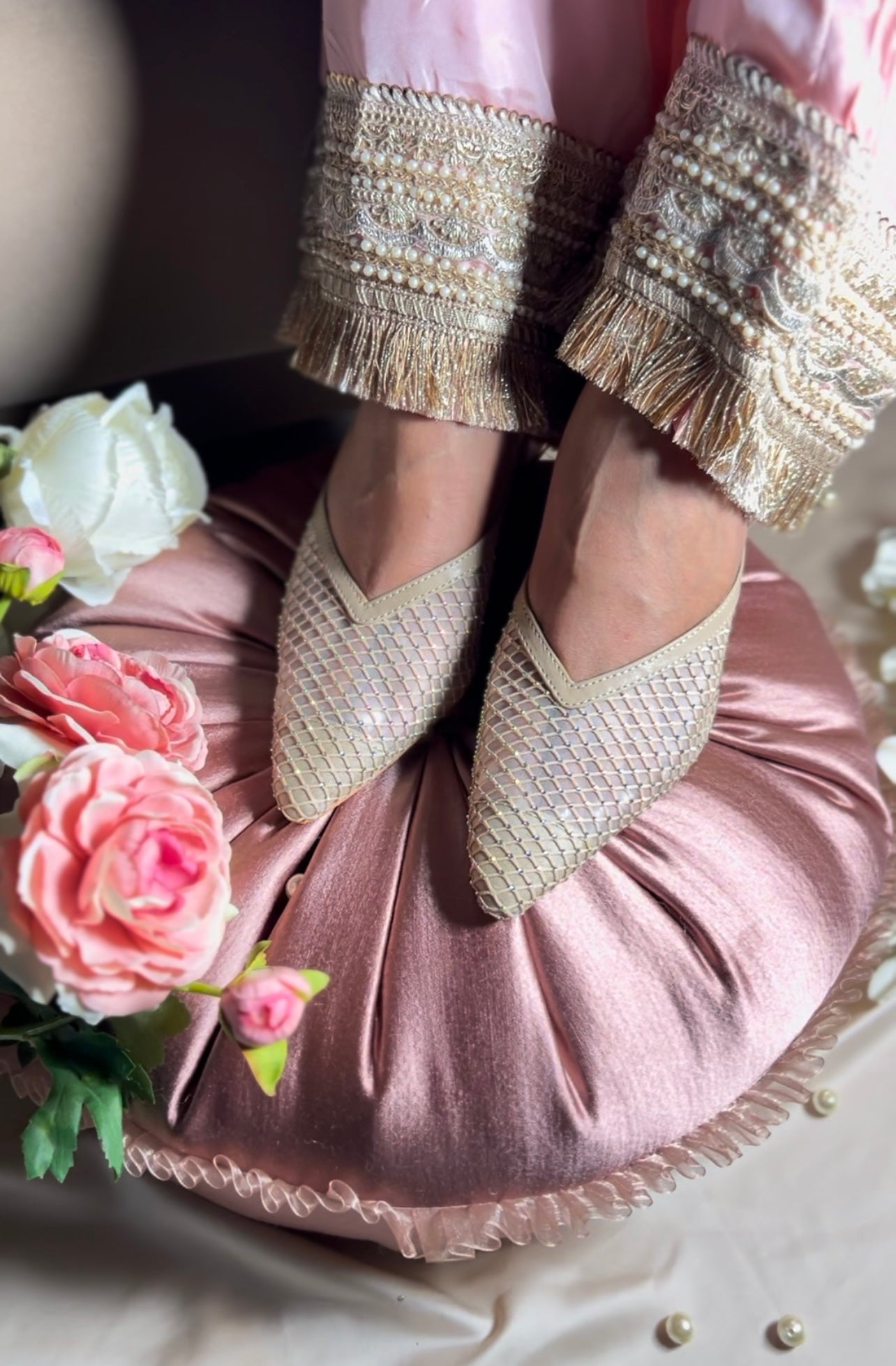 Mesh Embellished Block Heels - Beige