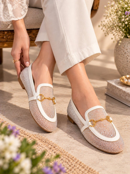 Crystal Mesh Embellished Loafers - White