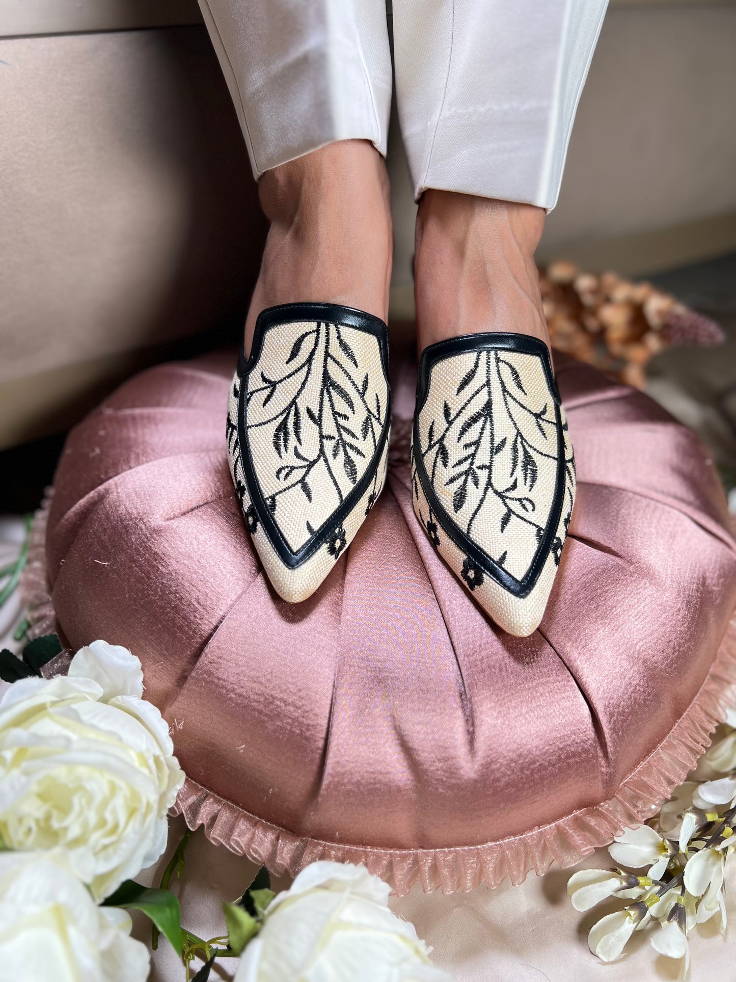 Ivory Noir Embroidered Block-Heel Mules