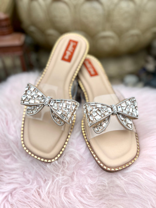 Crystal Bow Embellished Nude Flats